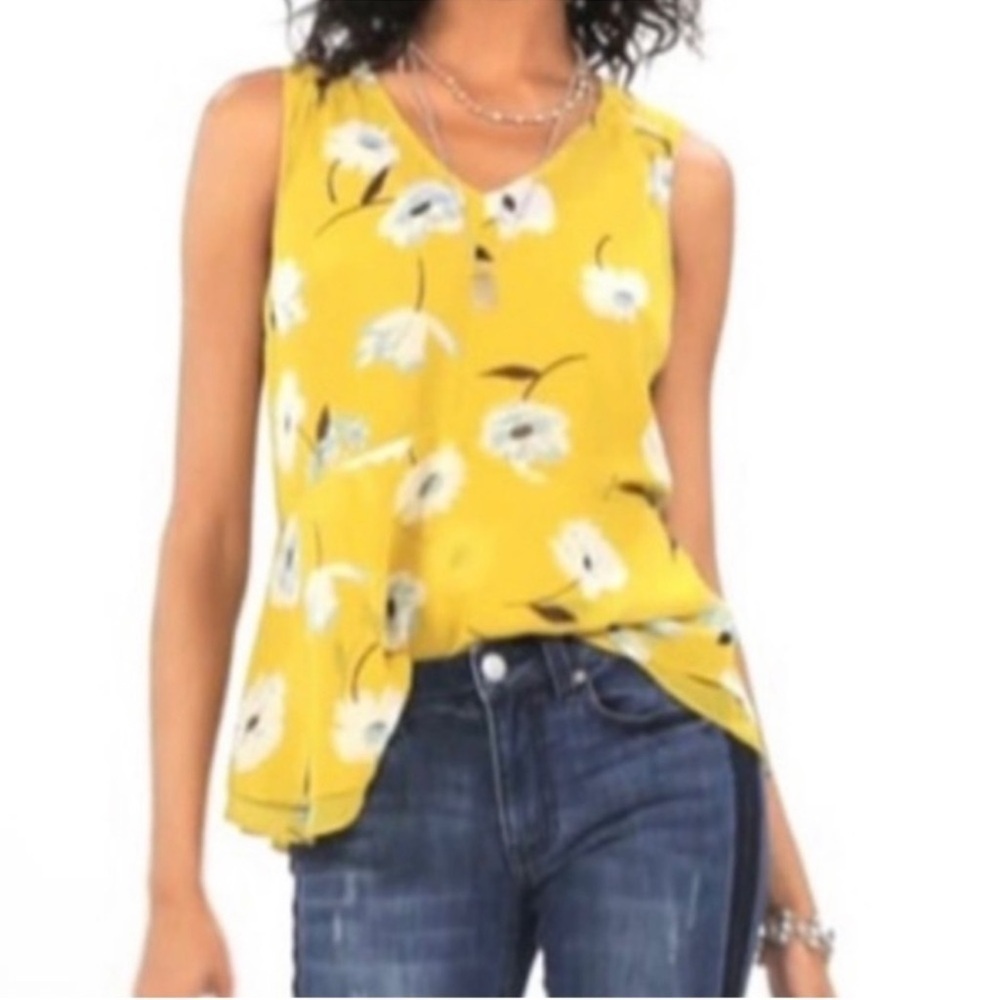 CAbi Yellow Floral Sleeveless Top blue small blouse shirt casual silky a-line